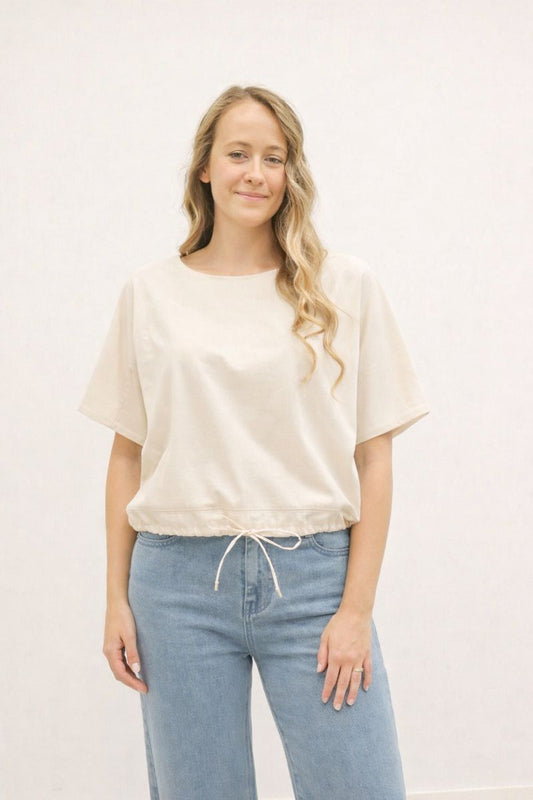 Eadie Short Sleeve Solid Drawstring Hem Top - Ecru