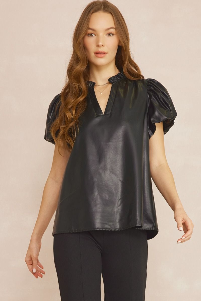 Effie Faux Leather Short Sleeve V Neck Blouse - Black
