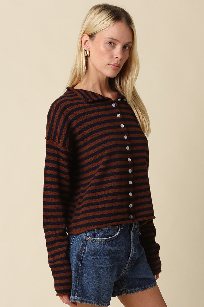 Elina Striped Long Sleeve Button Front Roll Collar Cardigan - Brown Navy