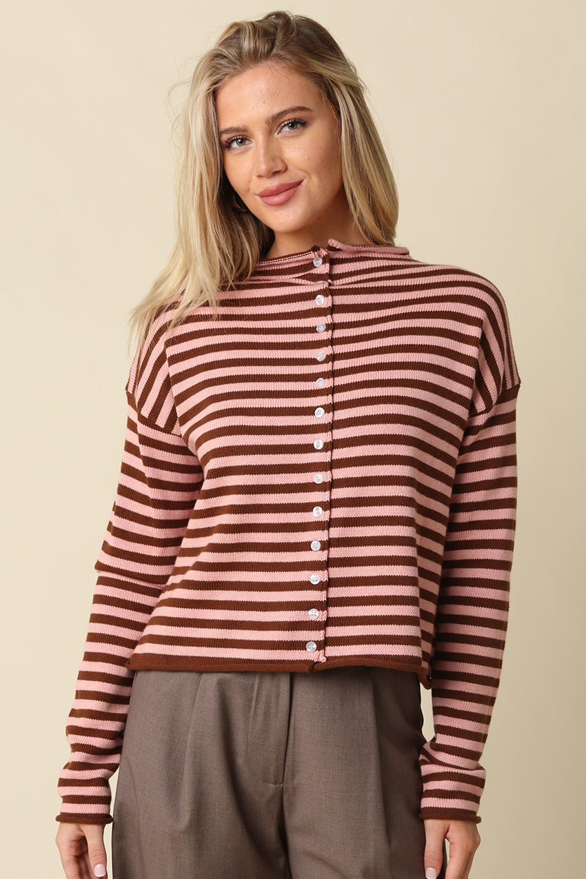 Elina Striped Long Sleeve Button Front Roll Collar Cardigan - Brown Dark Blush