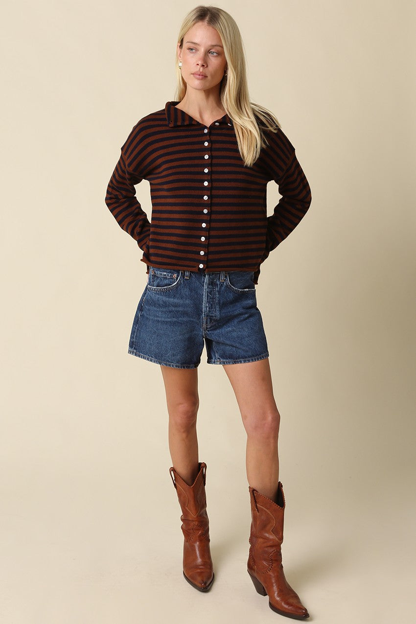Elina Striped Long Sleeve Button Front Roll Collar Cardigan - Brown Navy