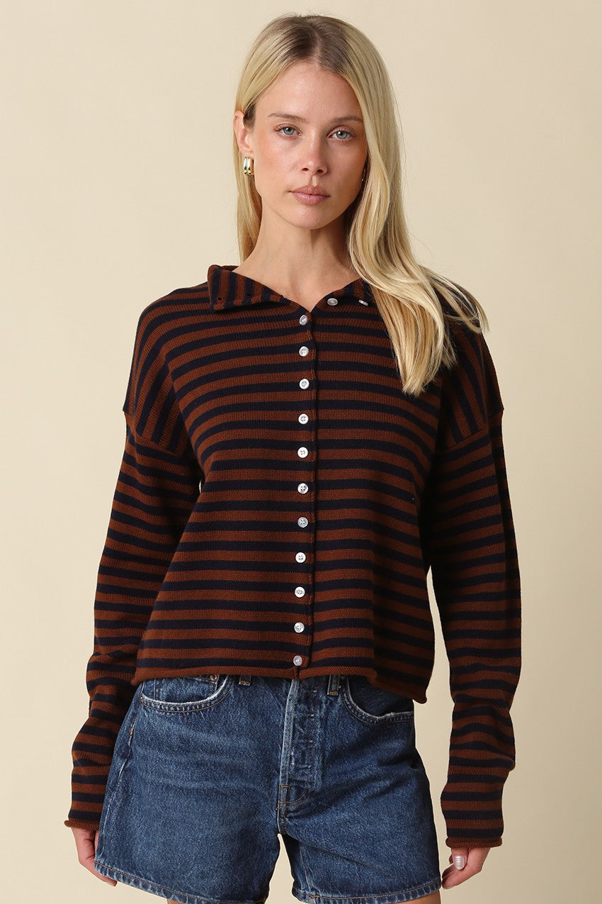 Elina Striped Long Sleeve Button Front Roll Collar Cardigan - Brown Navy