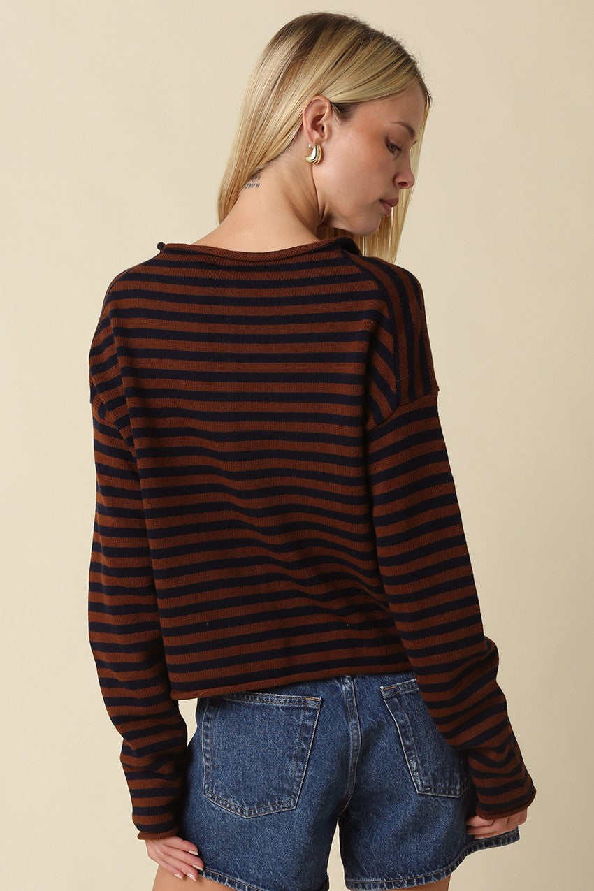 Elina Striped Long Sleeve Button Front Roll Collar Cardigan - Brown Navy