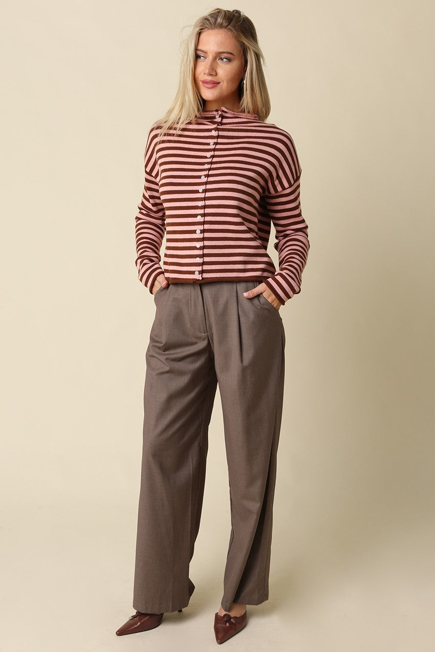 Elina Striped Long Sleeve Button Front Roll Collar Cardigan - Brown Dark Blush
