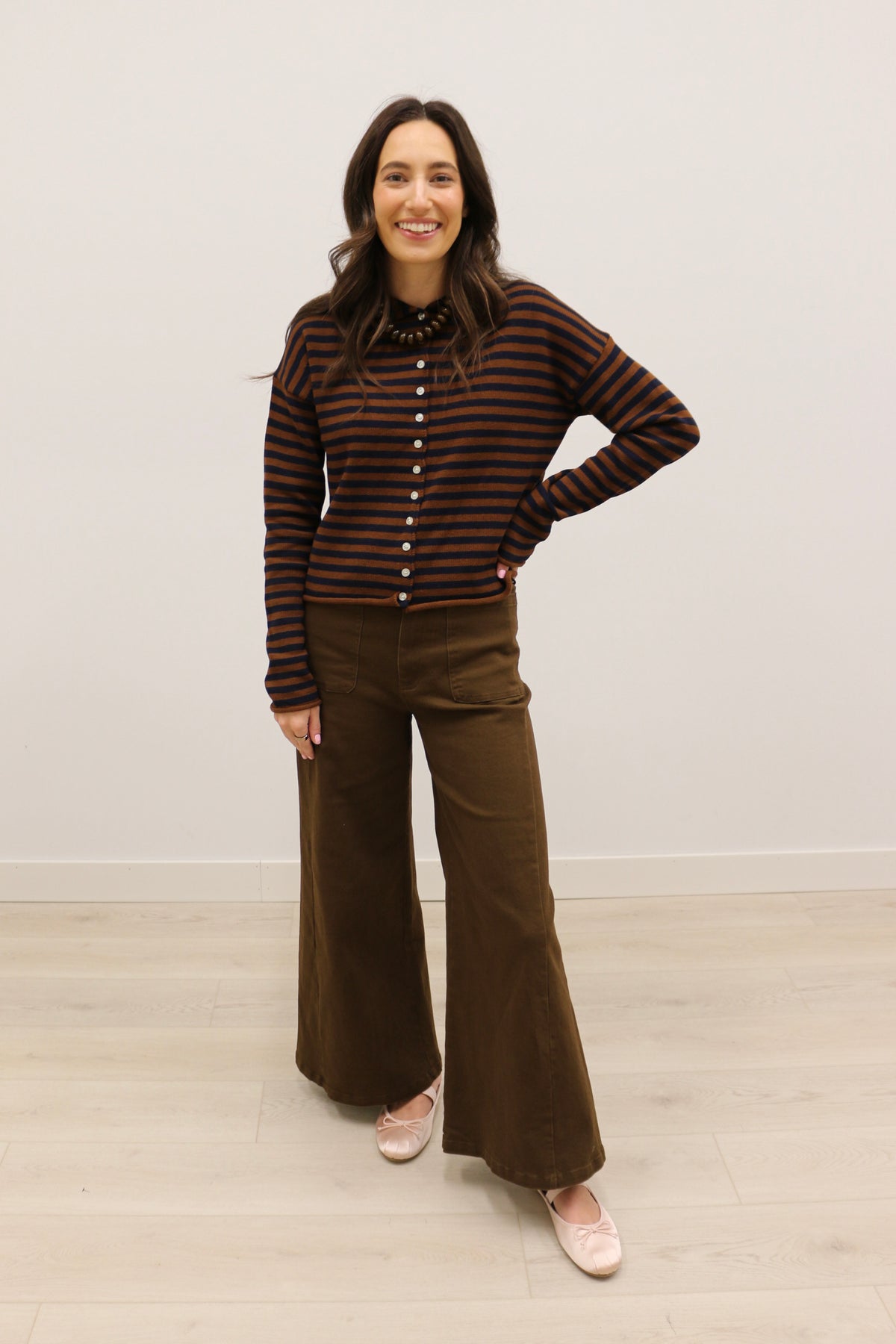 Elina Striped Long Sleeve Button Front Roll Collar Cardigan - Brown Navy