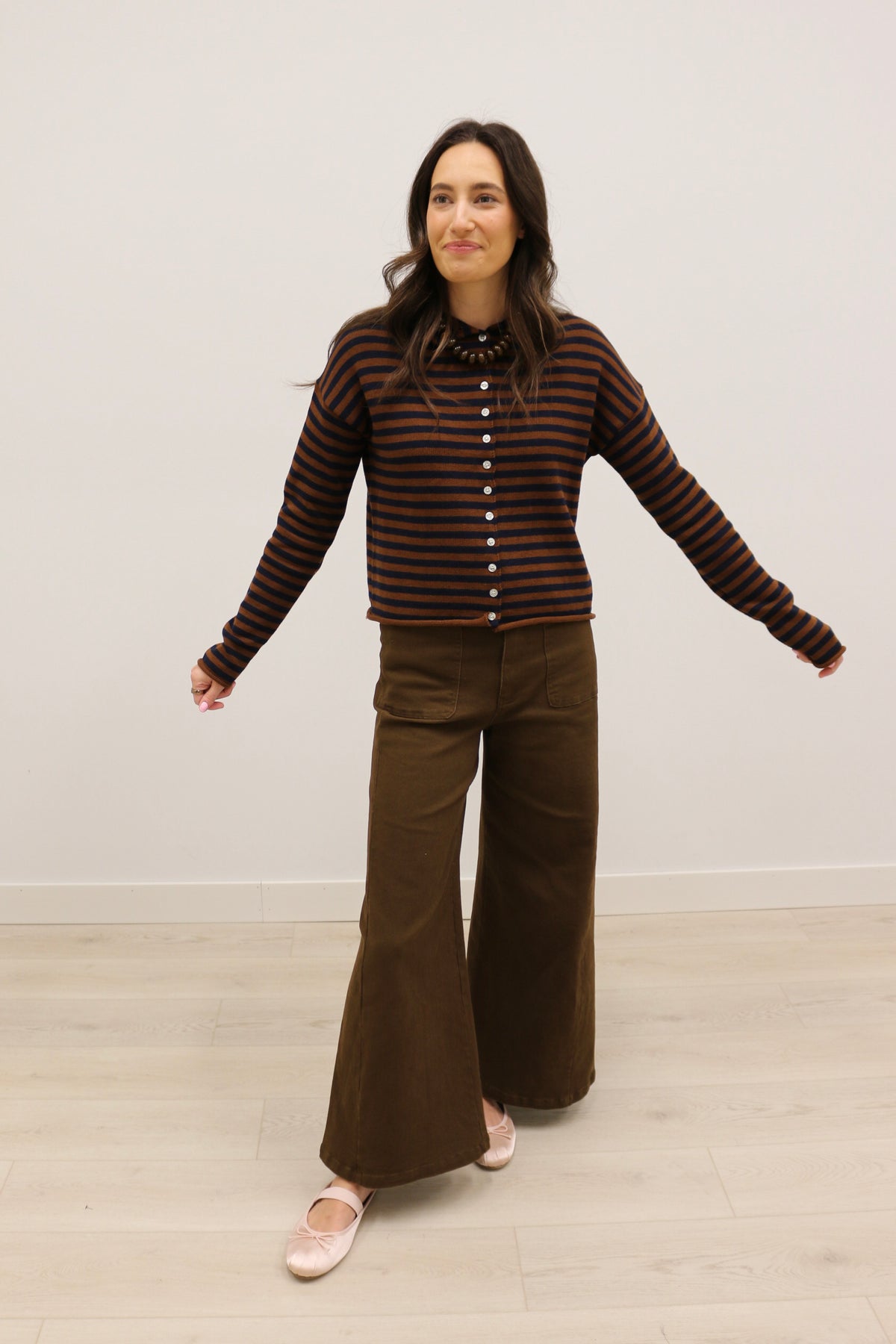 Elina Striped Long Sleeve Button Front Roll Collar Cardigan - Brown Navy