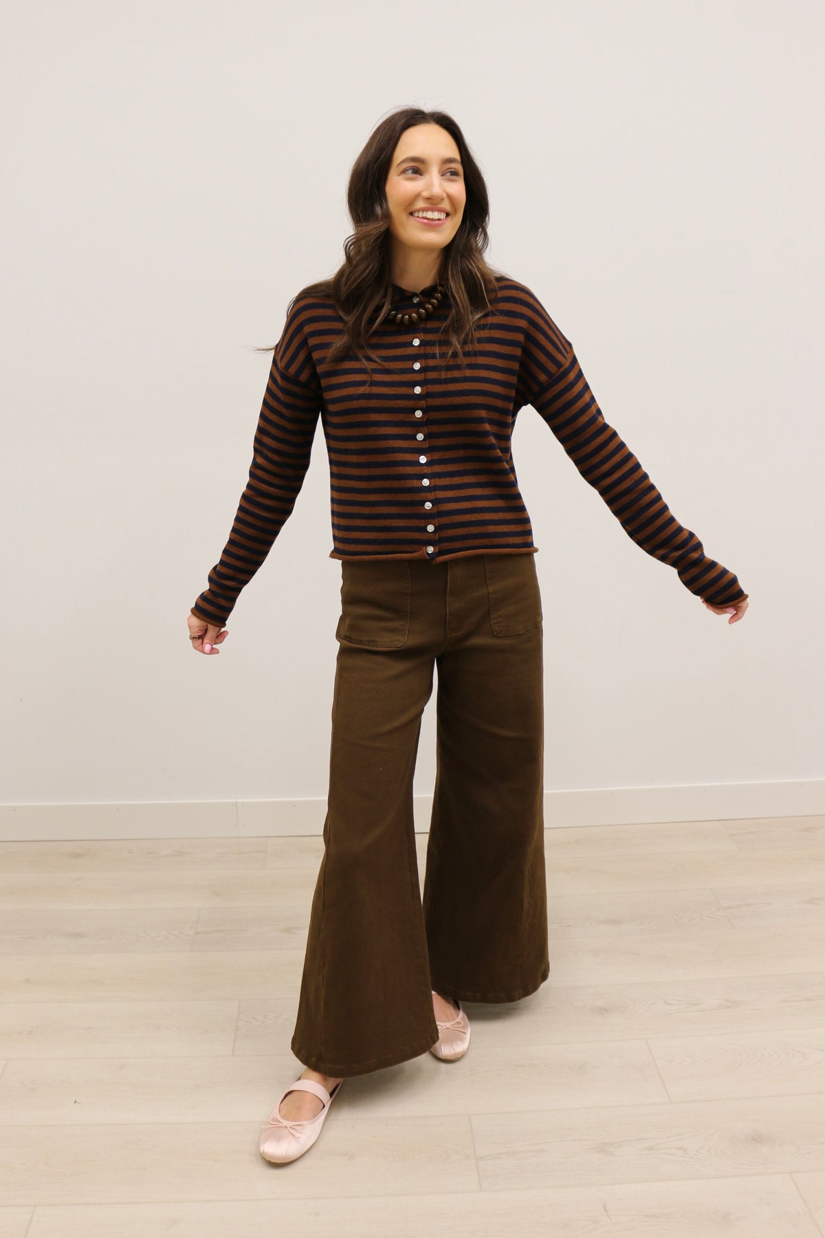 Elina Striped Long Sleeve Button Front Roll Collar Cardigan - Brown Navy