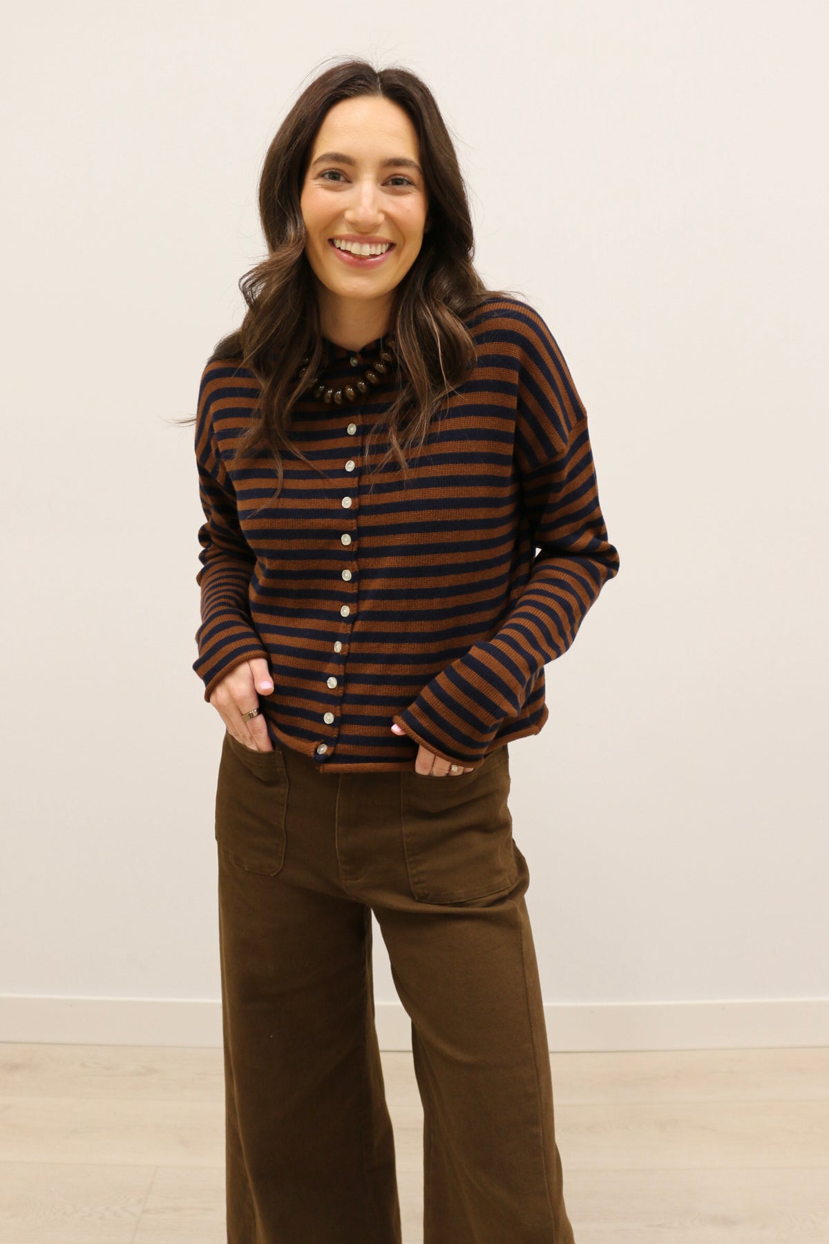 Elina Striped Long Sleeve Button Front Roll Collar Cardigan - Brown Navy