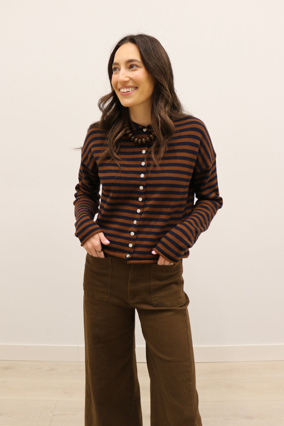 Elina Striped Long Sleeve Button Front Roll Collar Cardigan - Brown Navy