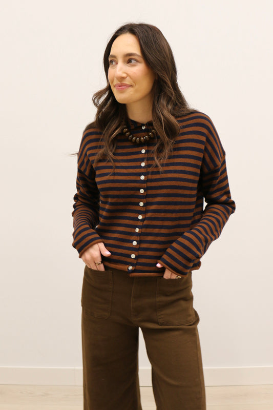 Elina Striped Long Sleeve Button Front Roll Collar Cardigan - Brown Navy