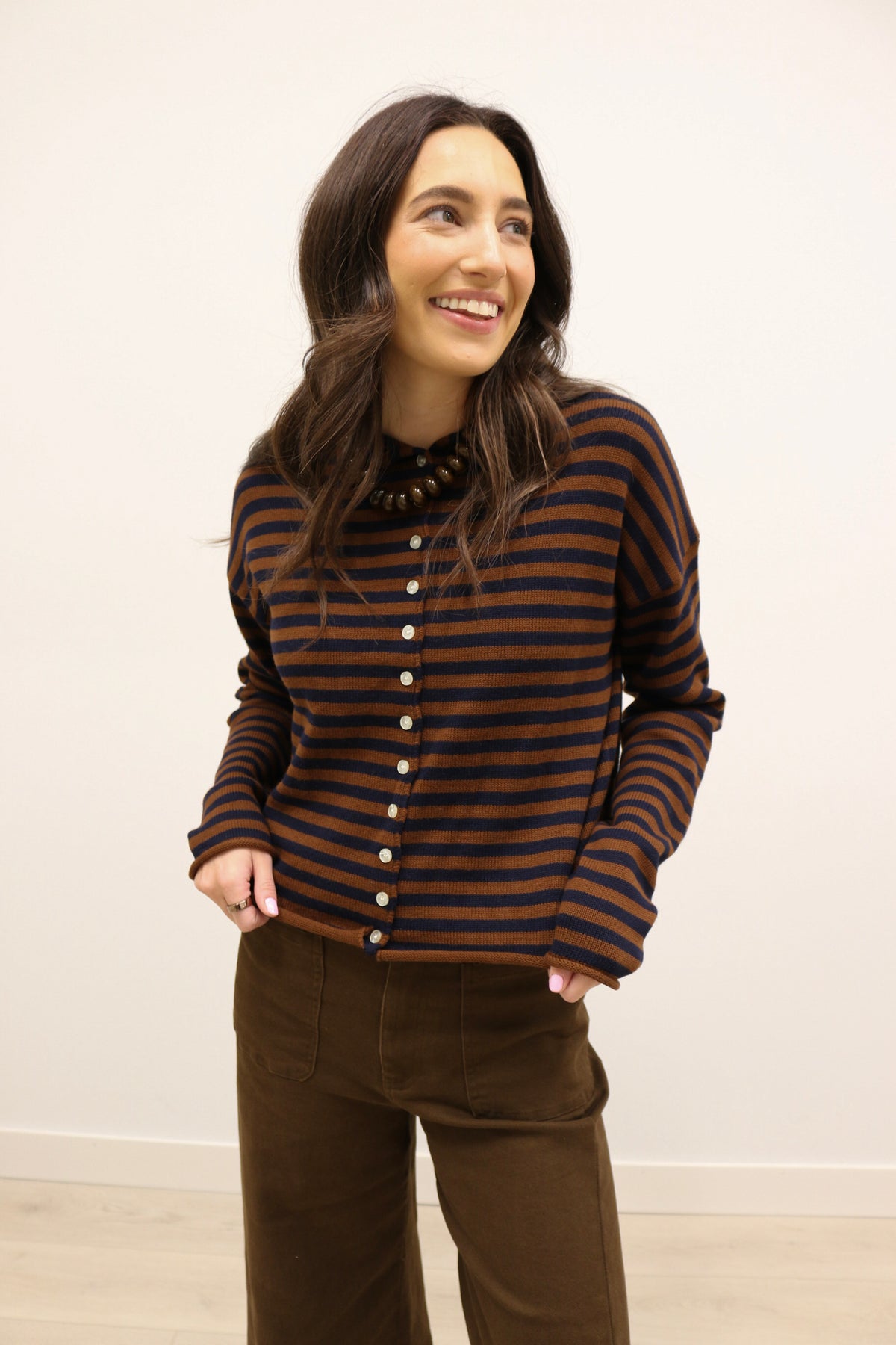 Elina Striped Long Sleeve Button Front Roll Collar Cardigan - Brown Navy