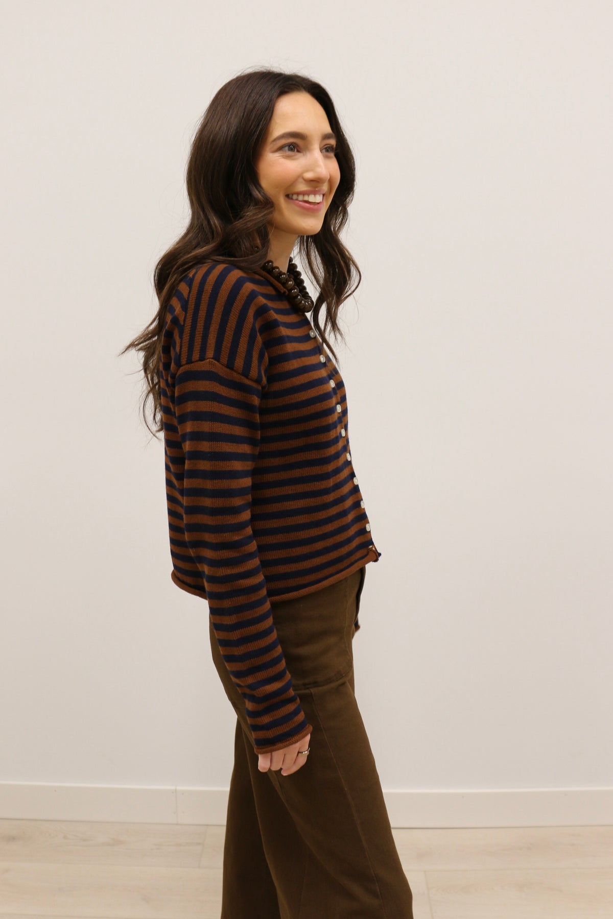 Elina Striped Long Sleeve Button Front Roll Collar Cardigan - Brown Navy