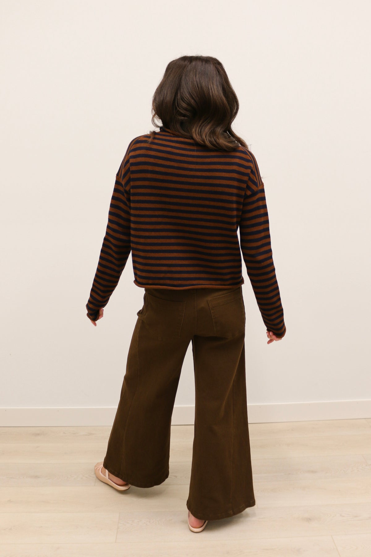 Elina Striped Long Sleeve Button Front Roll Collar Cardigan - Brown Navy