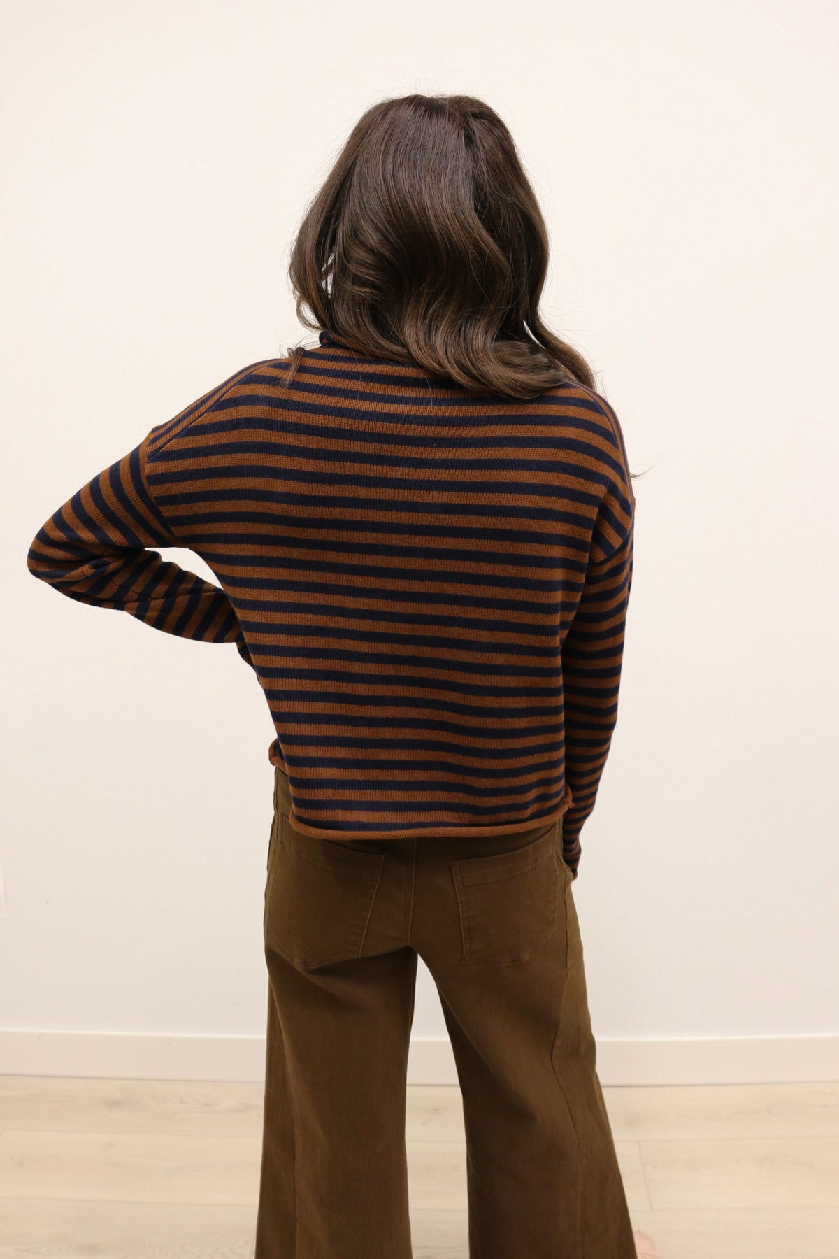 Elina Striped Long Sleeve Button Front Roll Collar Cardigan - Brown Navy