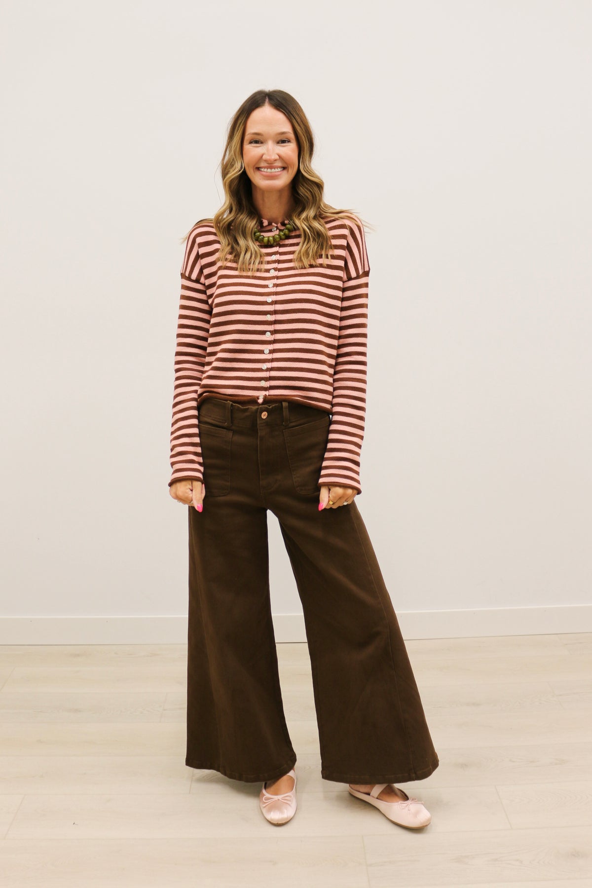 Elina Striped Long Sleeve Button Front Roll Collar Cardigan - Brown Dark Blush