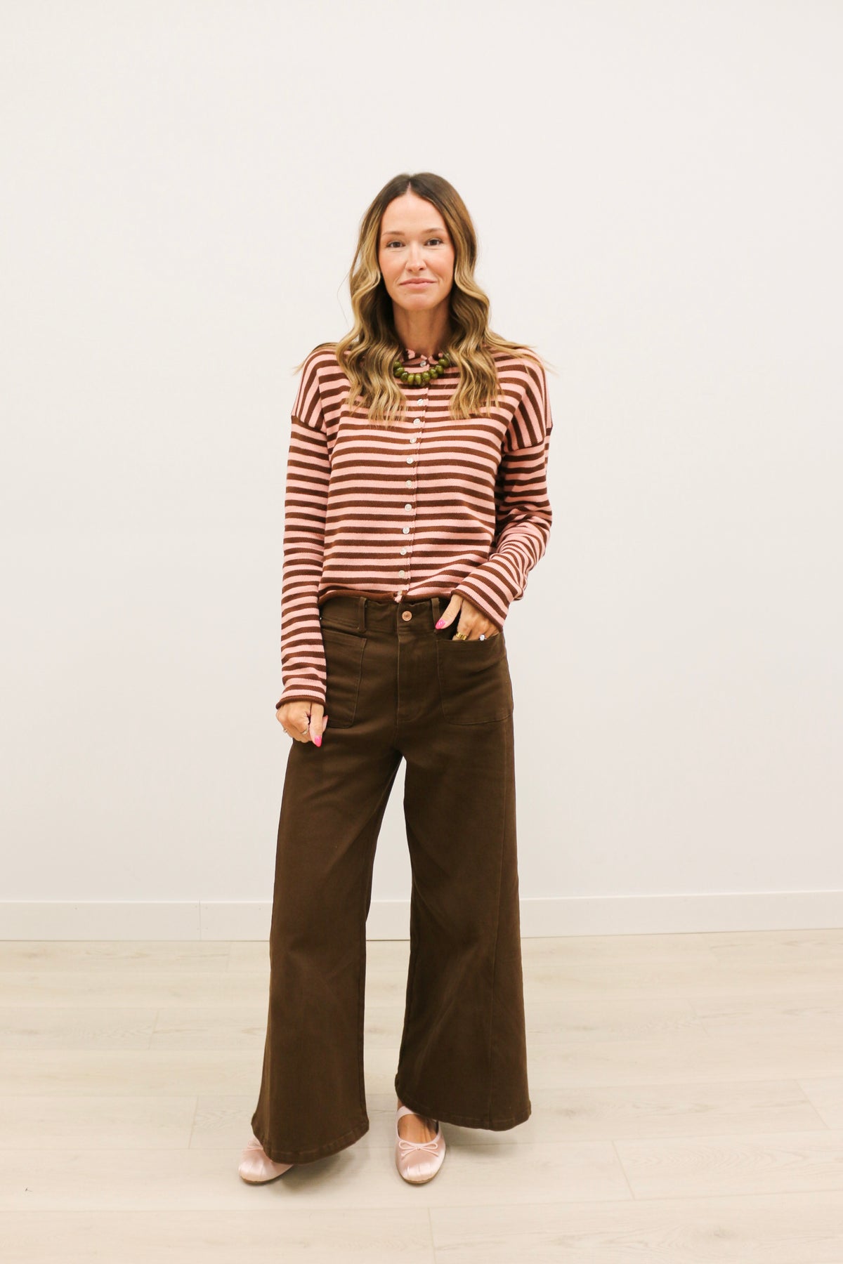 Elina Striped Long Sleeve Button Front Roll Collar Cardigan - Brown Dark Blush