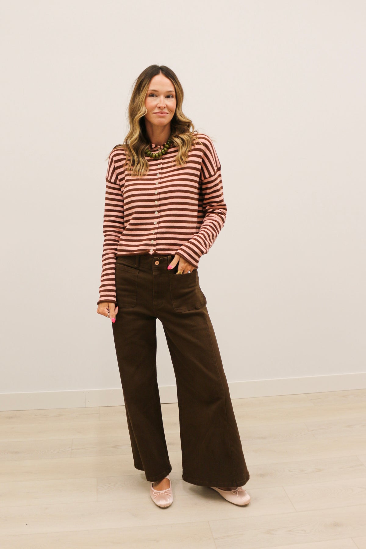 Elina Striped Long Sleeve Button Front Roll Collar Cardigan - Brown Dark Blush