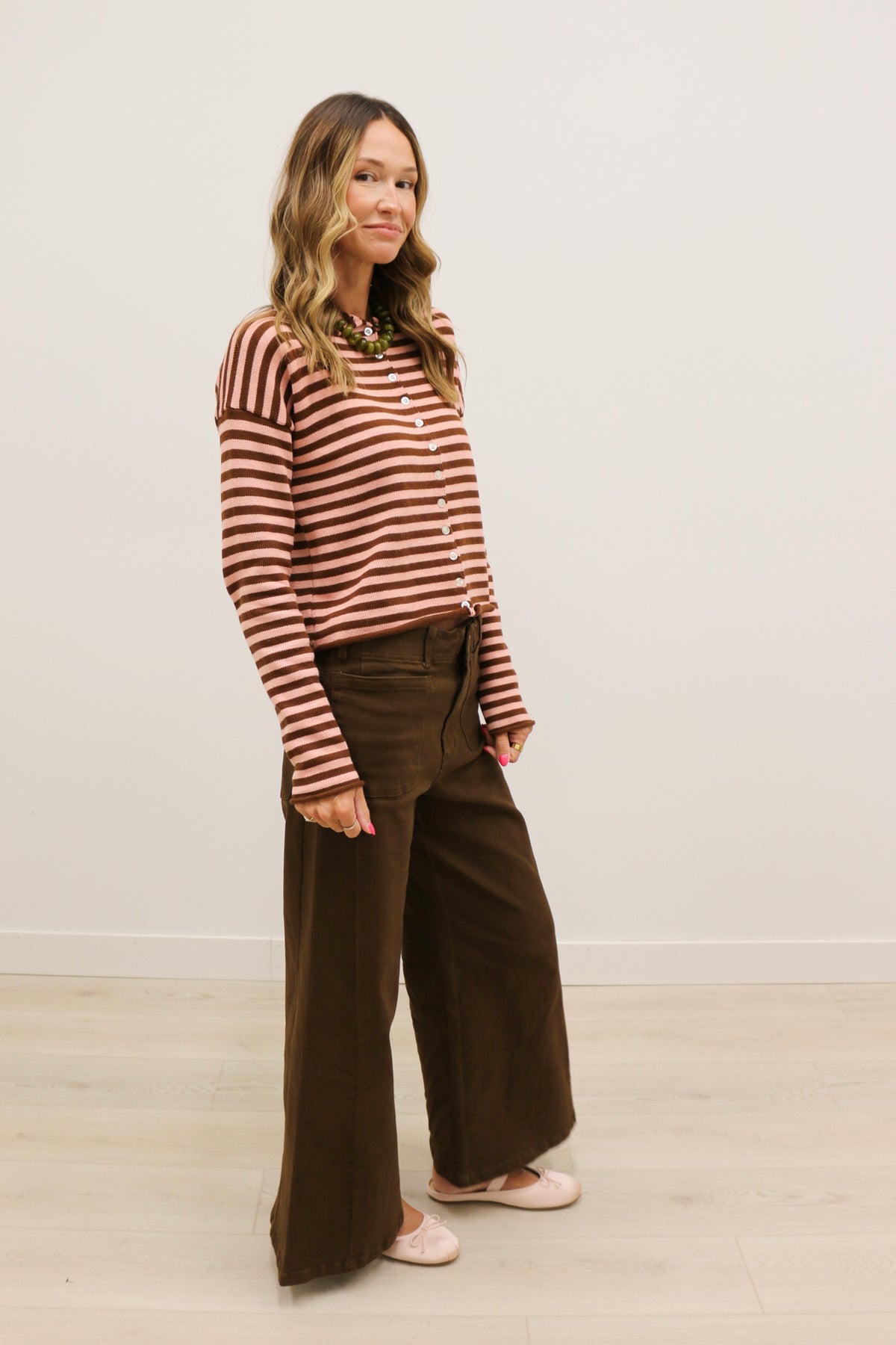 Elina Striped Long Sleeve Button Front Roll Collar Cardigan - Brown Dark Blush
