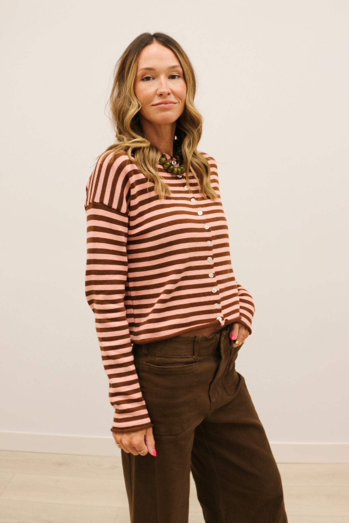 Elina Striped Long Sleeve Button Front Roll Collar Cardigan - Brown Dark Blush
