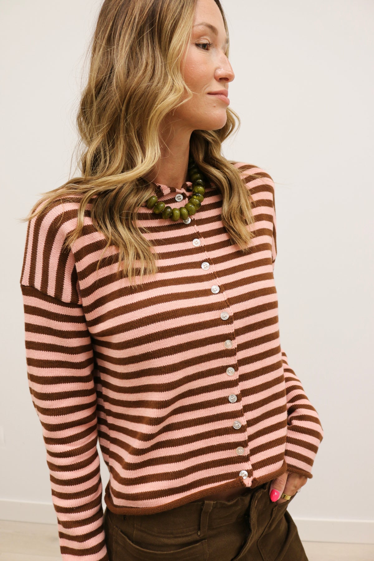 Elina Striped Long Sleeve Button Front Roll Collar Cardigan - Brown Dark Blush