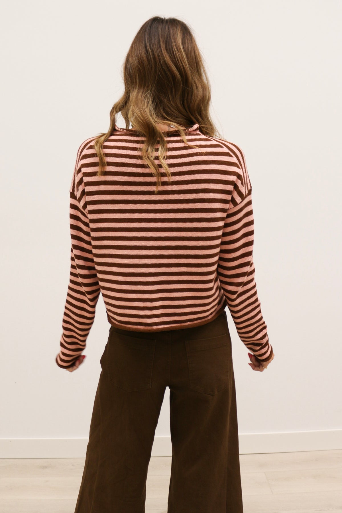 Elina Striped Long Sleeve Button Front Roll Collar Cardigan - Brown Dark Blush