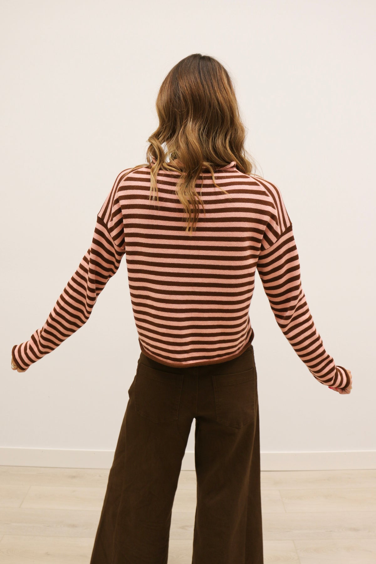 Elina Striped Long Sleeve Button Front Roll Collar Cardigan - Brown Dark Blush