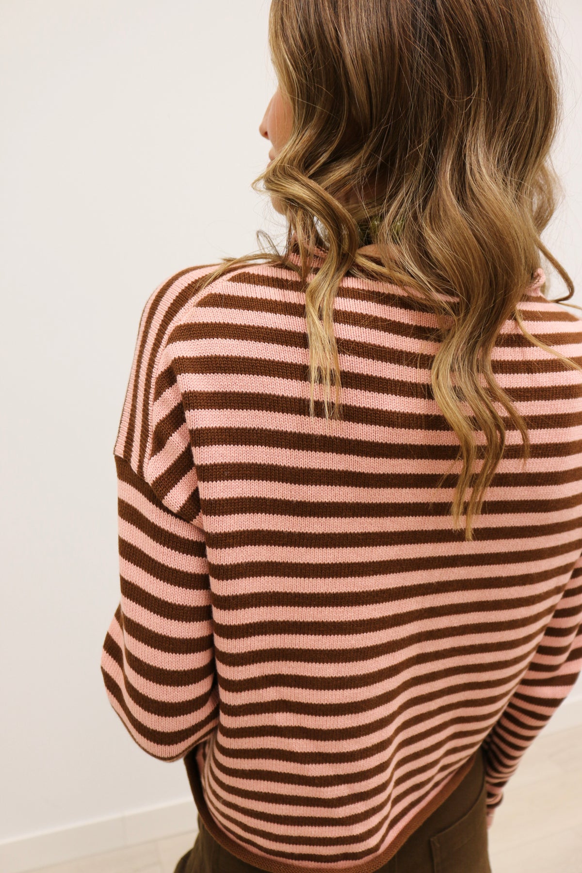 Elina Striped Long Sleeve Button Front Roll Collar Cardigan - Brown Dark Blush