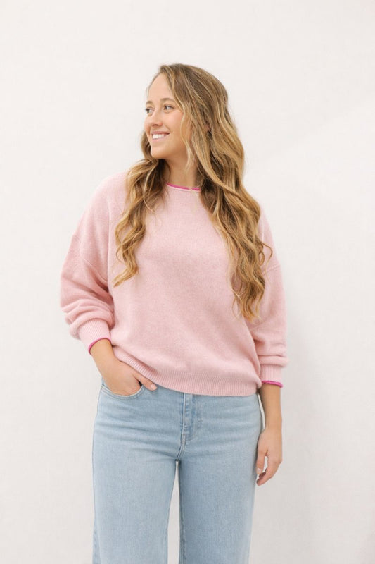 Eliora Round Neck Long Sleeve Contrast Trim Pullover Sweater - Pink