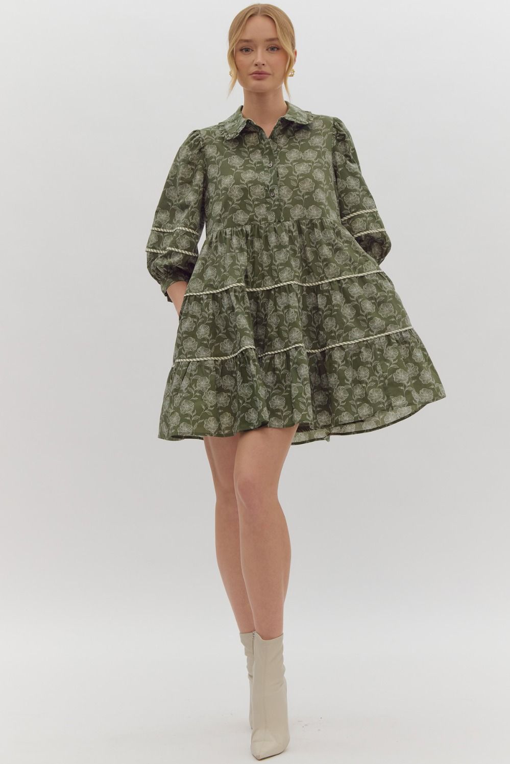 Elle Floral Print Contrast Trim Half Sleeve Mini Dress - Olive Green