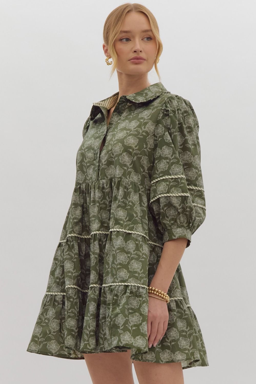 Elle Floral Print Contrast Trim Half Sleeve Mini Dress - Olive Green