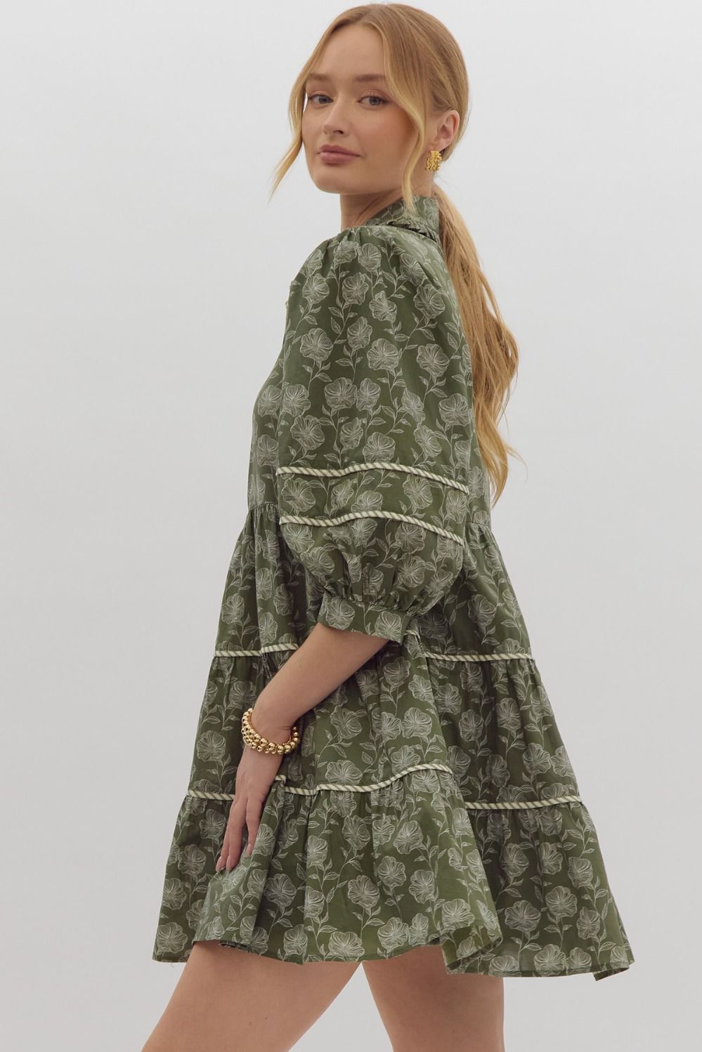 Elle Floral Print Contrast Trim Half Sleeve Mini Dress - Olive Green