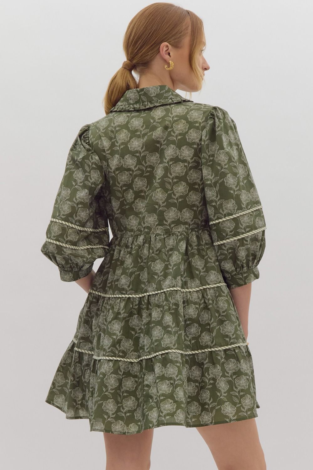 Elle Floral Print Contrast Trim Half Sleeve Mini Dress - Olive Green