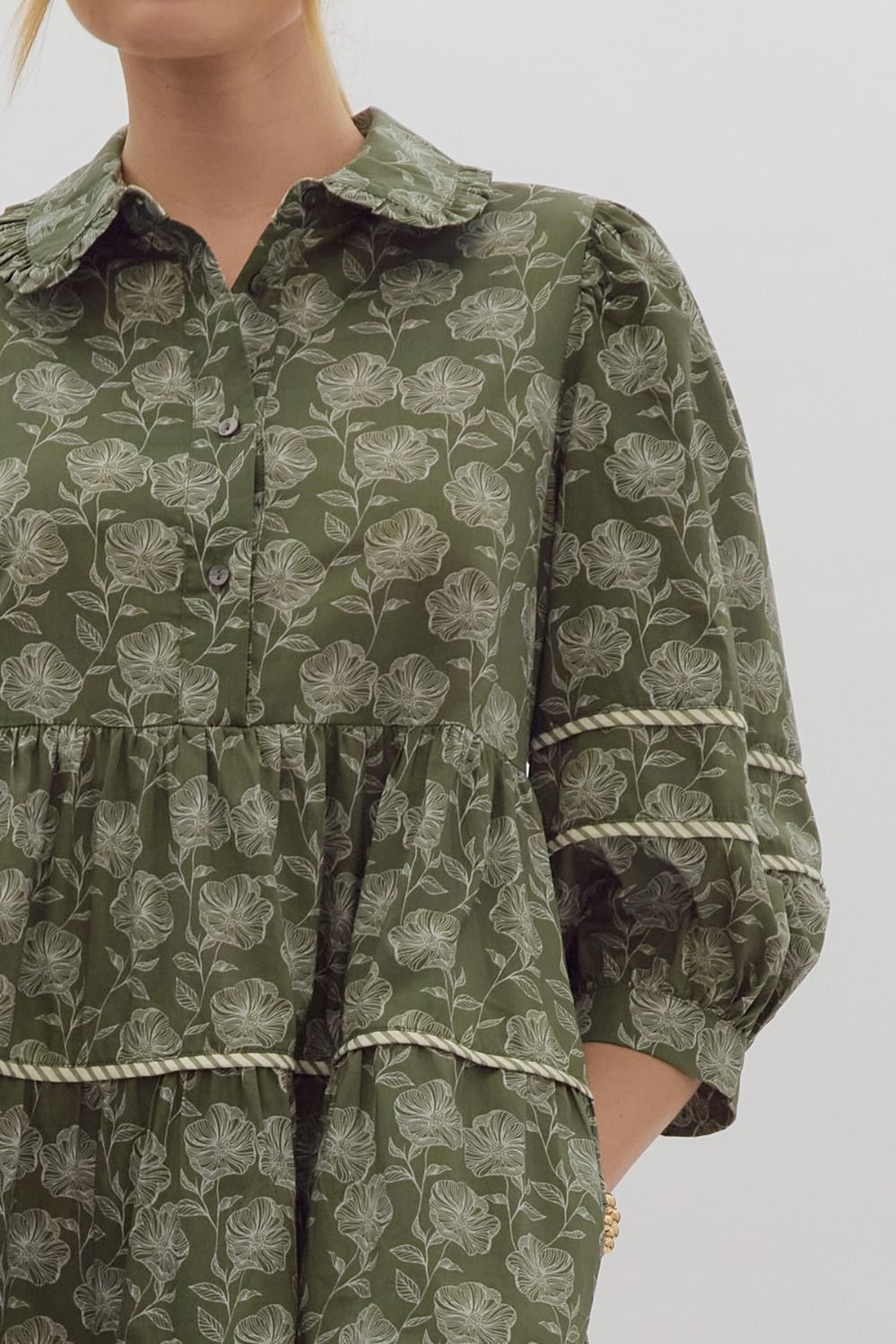 Elle Floral Print Contrast Trim Half Sleeve Mini Dress - Olive Green
