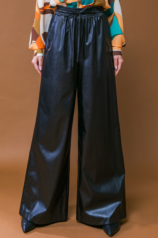 zSALE Ellen Wide Leg Drawstring Coated Leather Pant - Black