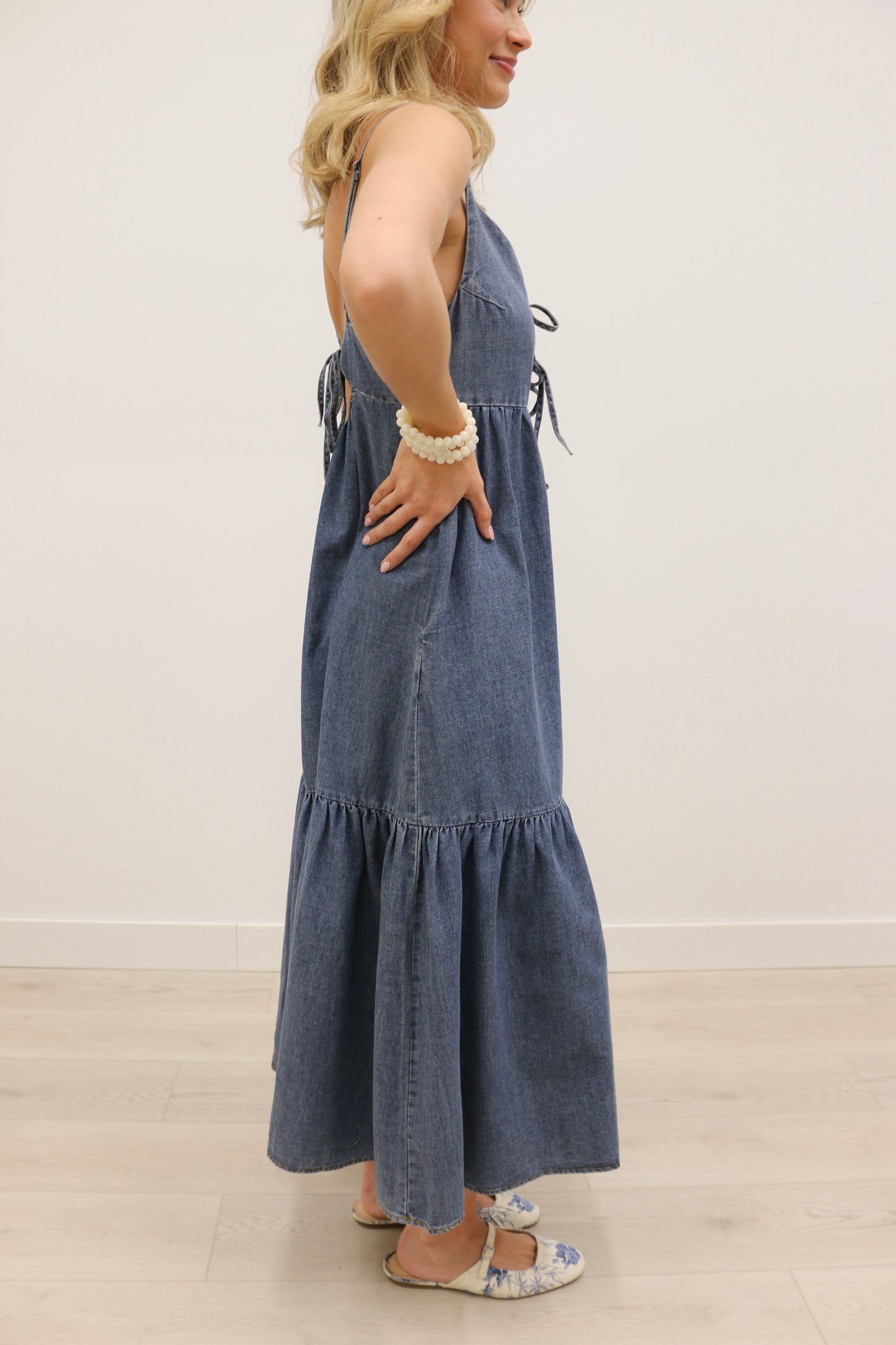 Ellie Front Tie Cami Midi Dress Back Cutout - Denim Blue