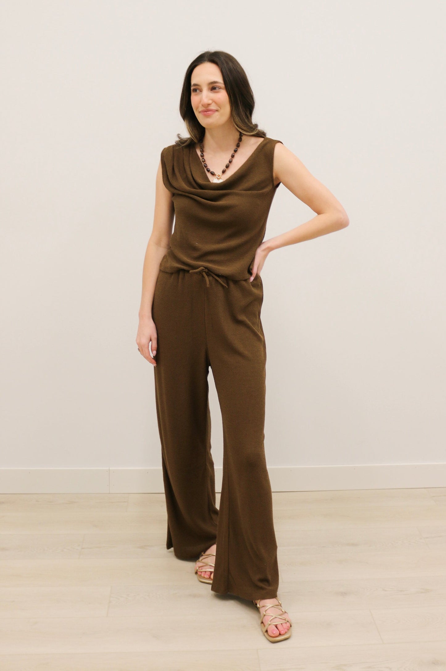 Ellin Textured Knit Wide Leg Drawstring Pants - Brown