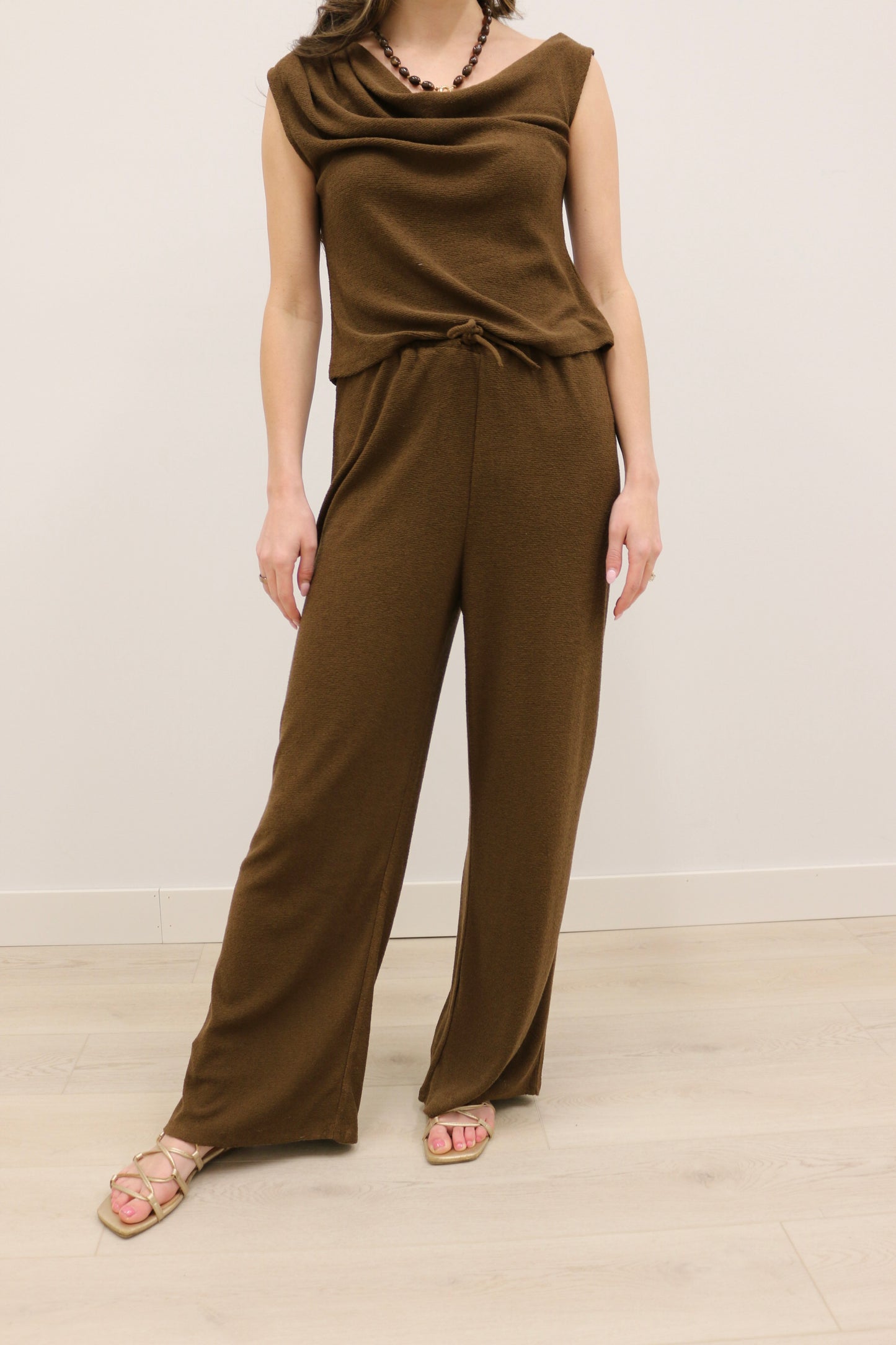 Ellin Textured Knit Wide Leg Drawstring Pants - Brown