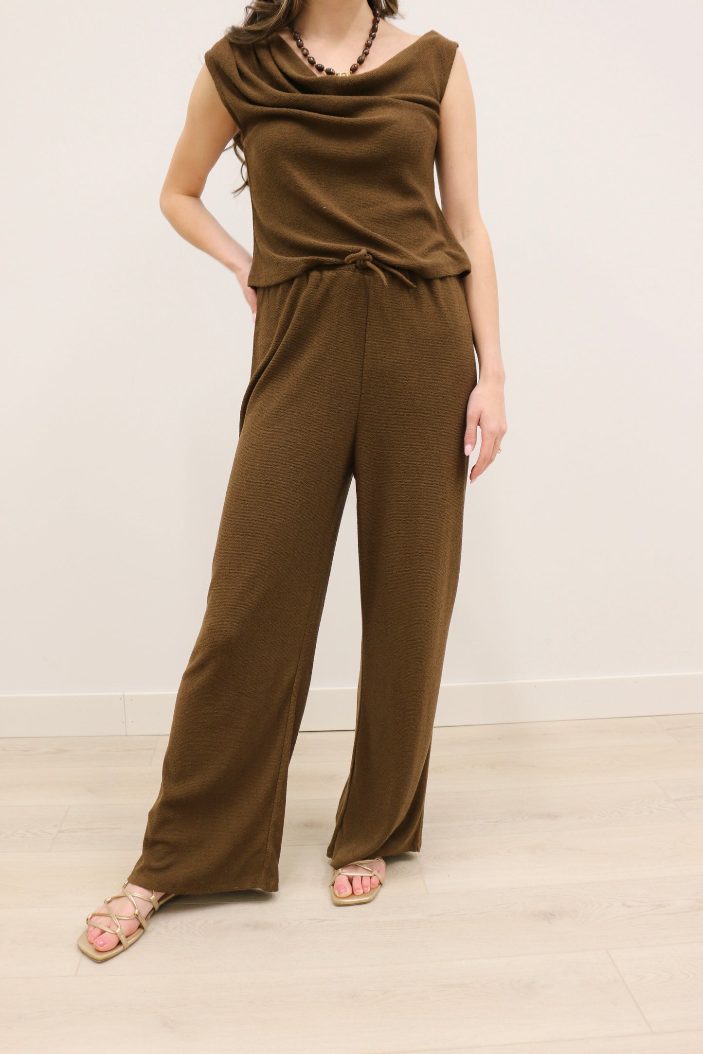 Ellin Textured Knit Wide Leg Drawstring Pants - Brown