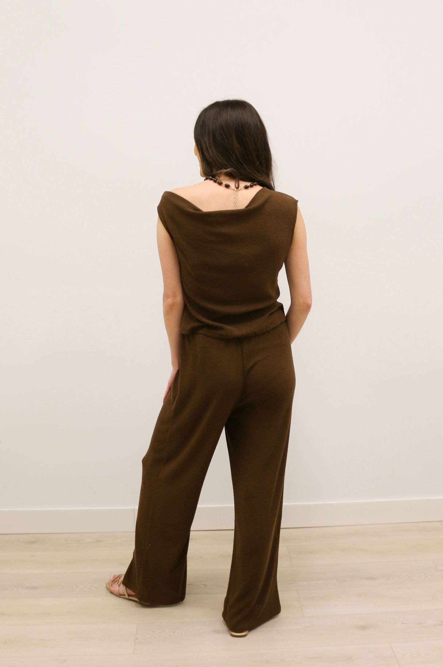 Ellin Textured Knit Wide Leg Drawstring Pants - Brown