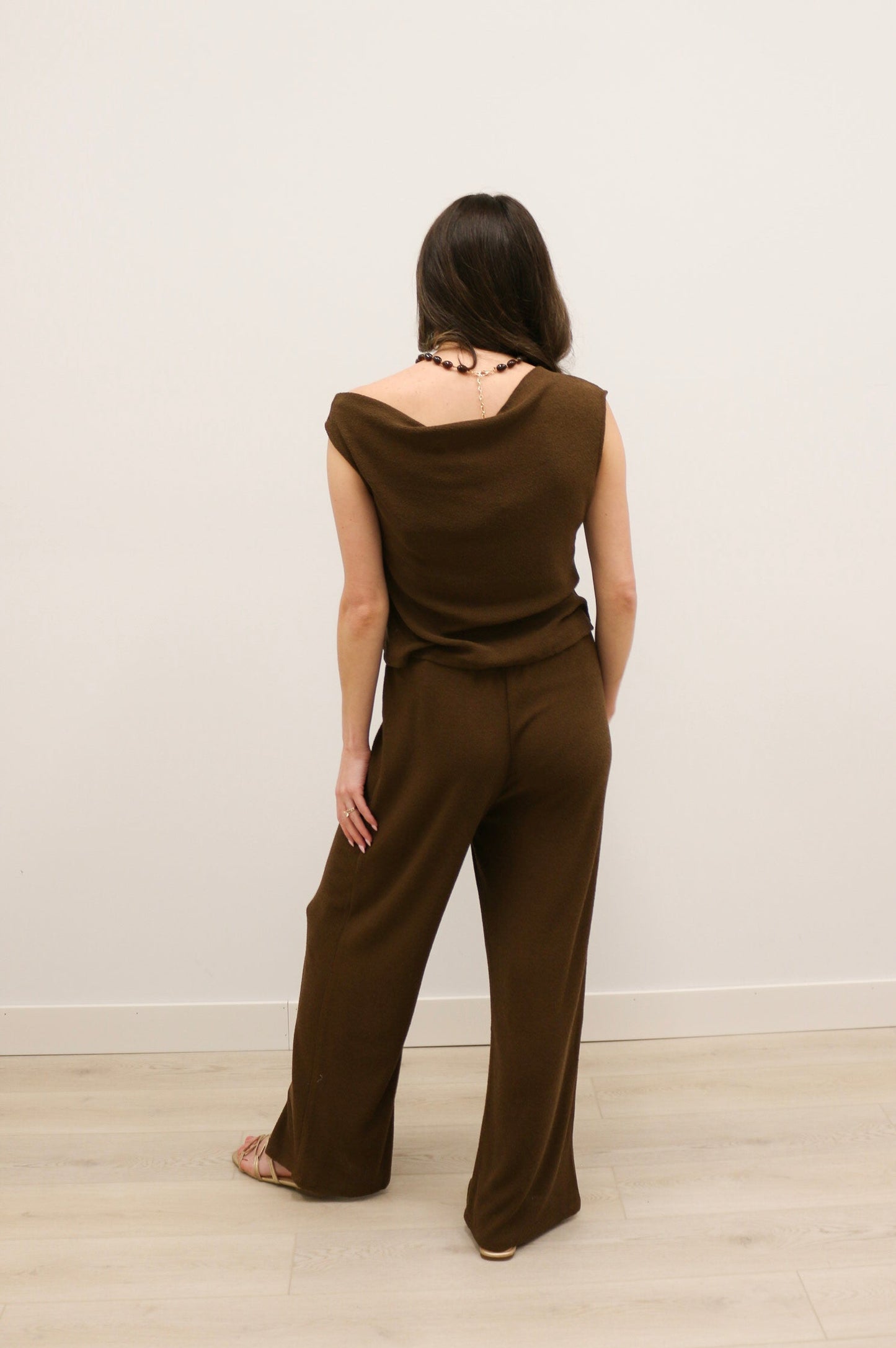Ellin Textured Knit Wide Leg Drawstring Pants - Brown