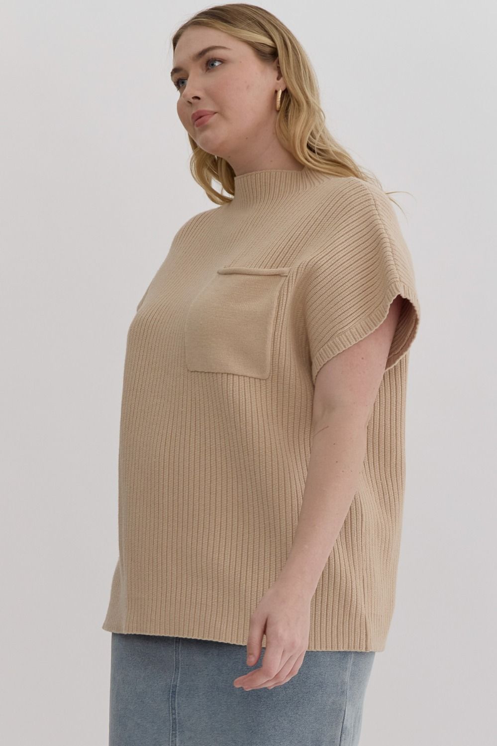 zSALE Elodie Curve Short Sleeve Cropped Mock Neck Pocket Knit - Natural