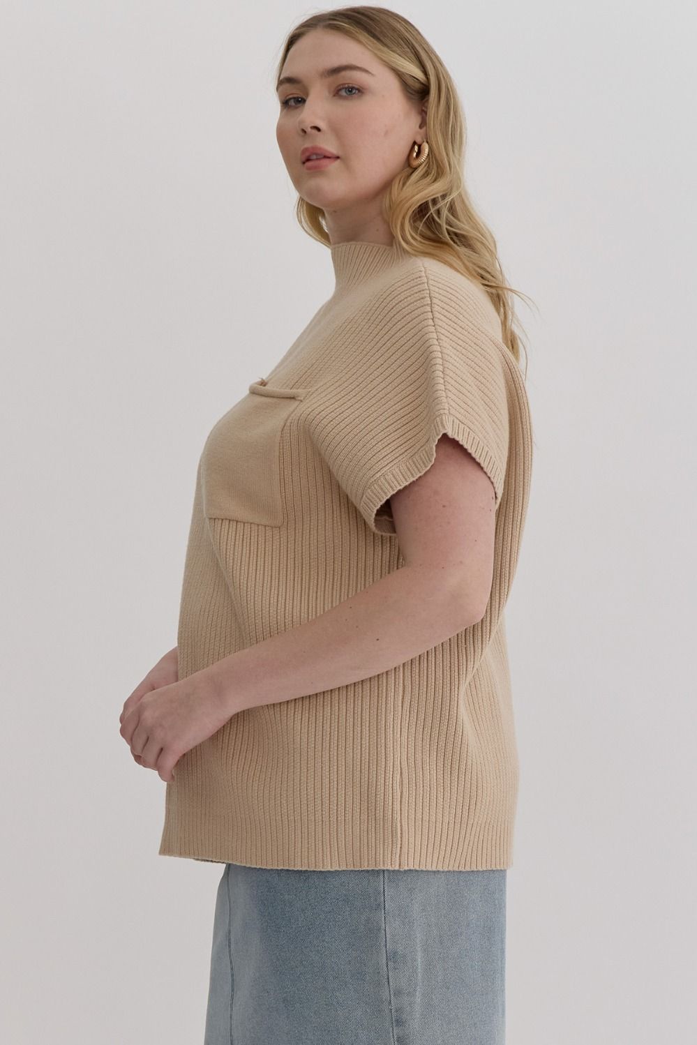 zSALE Elodie Curve Short Sleeve Cropped Mock Neck Pocket Knit - Natural