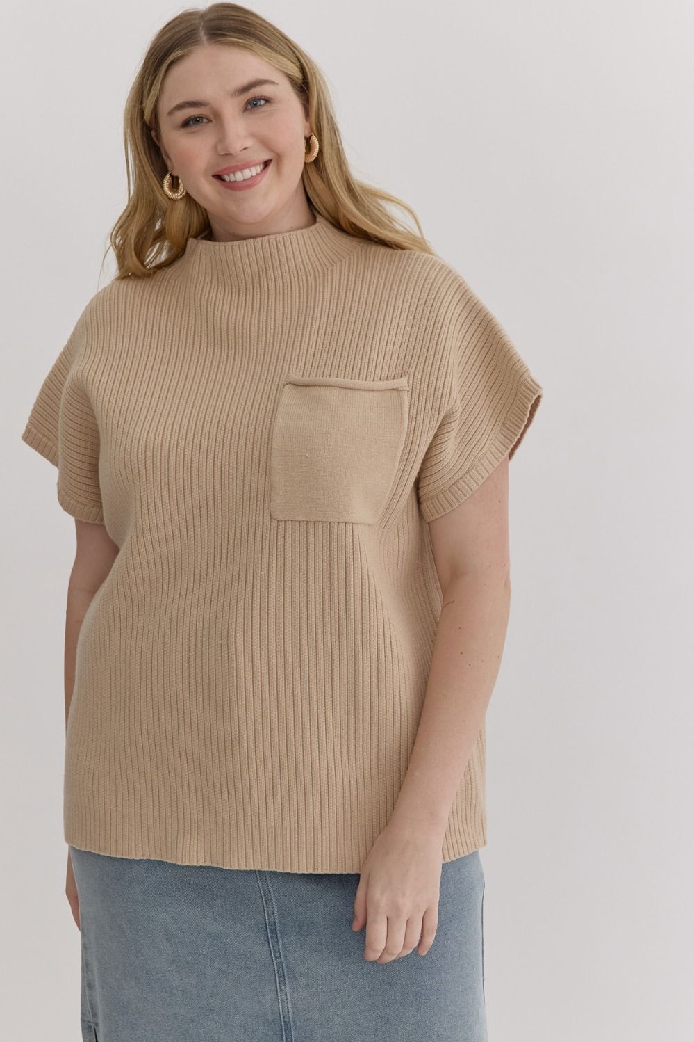 zSALE Elodie Curve Short Sleeve Cropped Mock Neck Pocket Knit - Natural