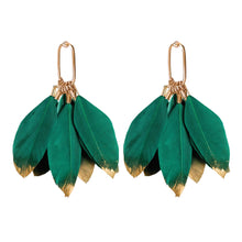 Load image into Gallery viewer, Emerald Gold Dipped Feather Statement Earrings
