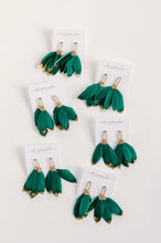 Load image into Gallery viewer, Emerald Gold Dipped Feather Statement Earrings
