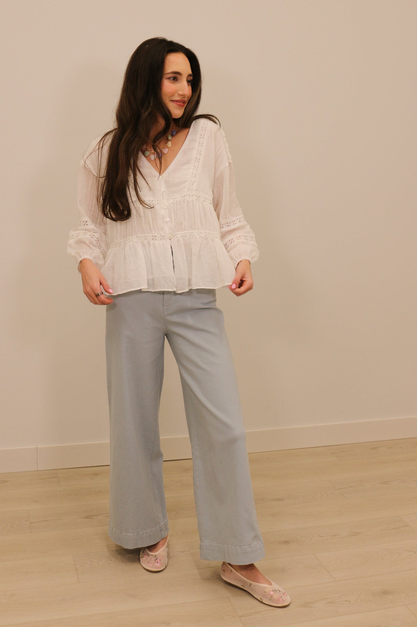 Emma Relaxed Gauze Lace Button Front Long Sleeve Blouse - White