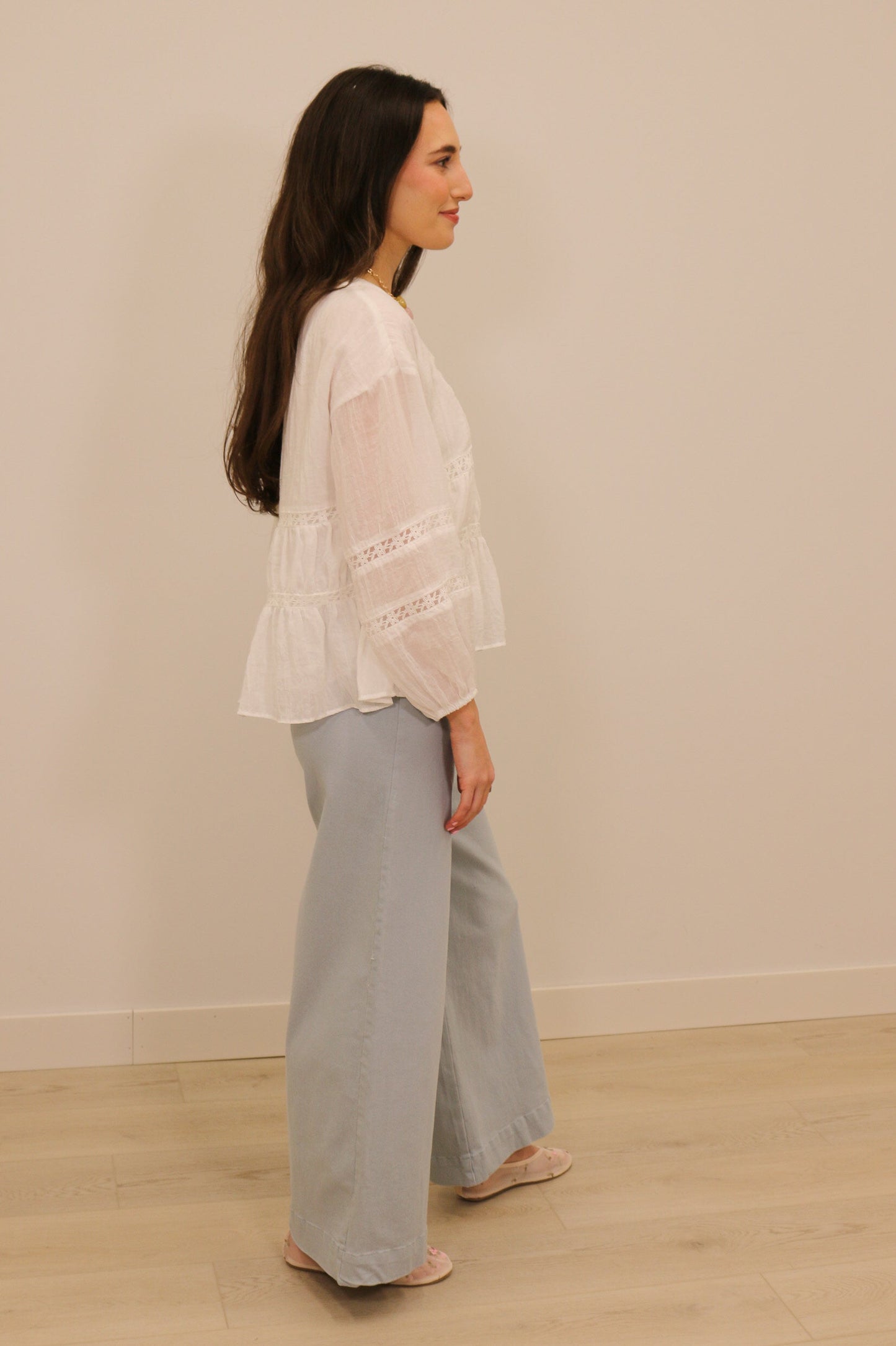 Emma Relaxed Gauze Lace Button Front Long Sleeve Blouse - White