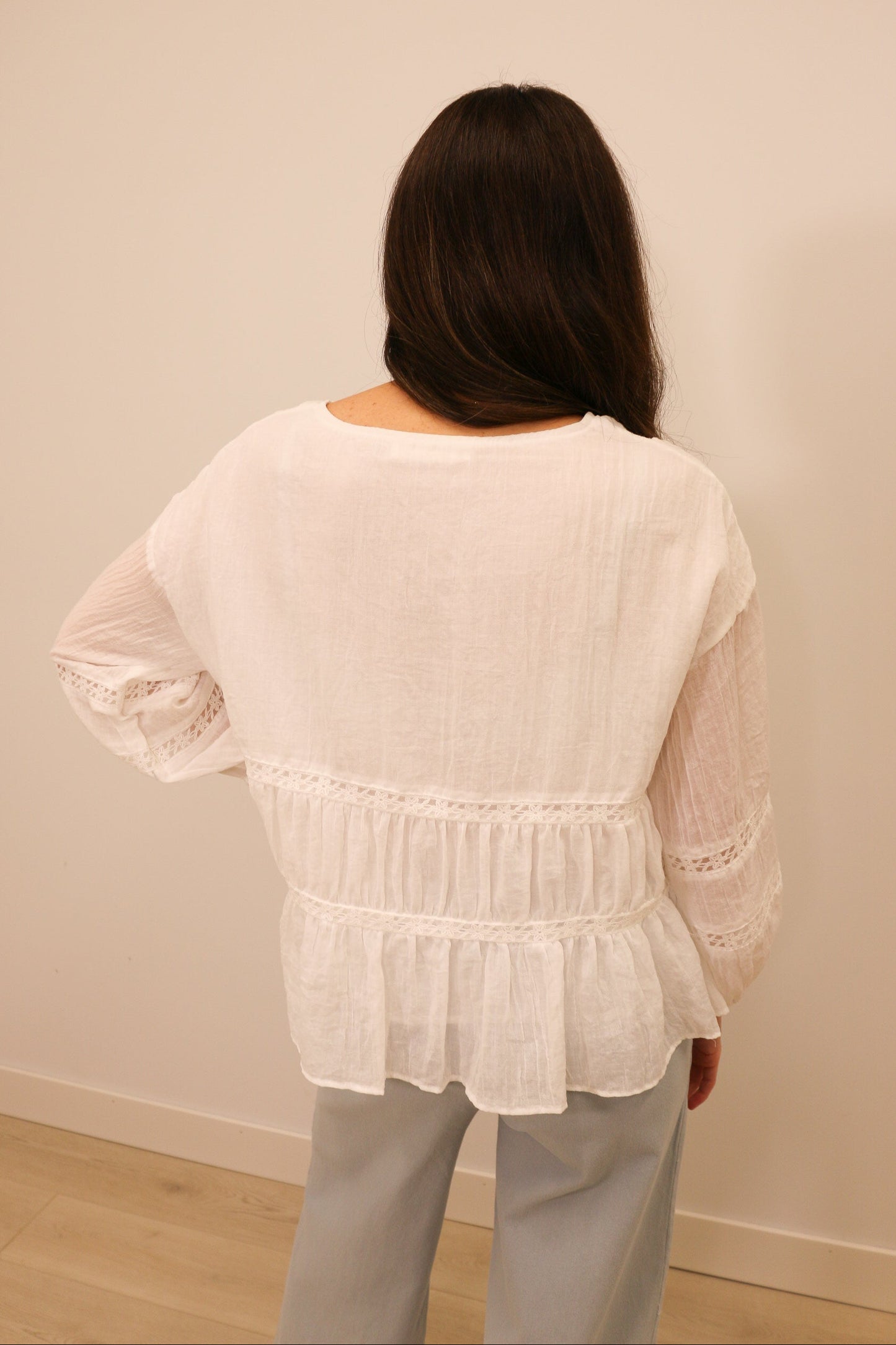 Emma Relaxed Gauze Lace Button Front Long Sleeve Blouse - White