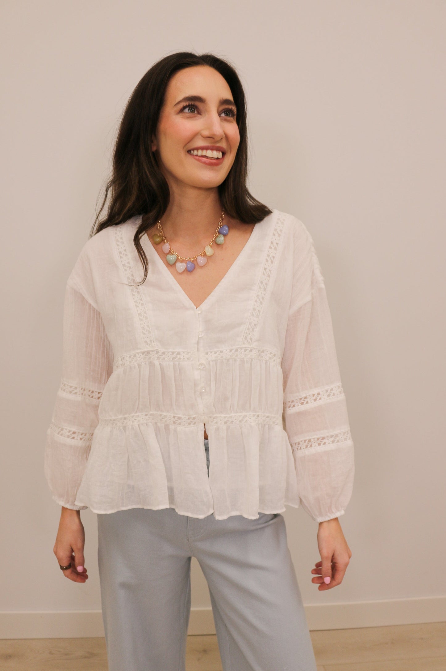 Emma Relaxed Gauze Lace Button Front Long Sleeve Blouse - White