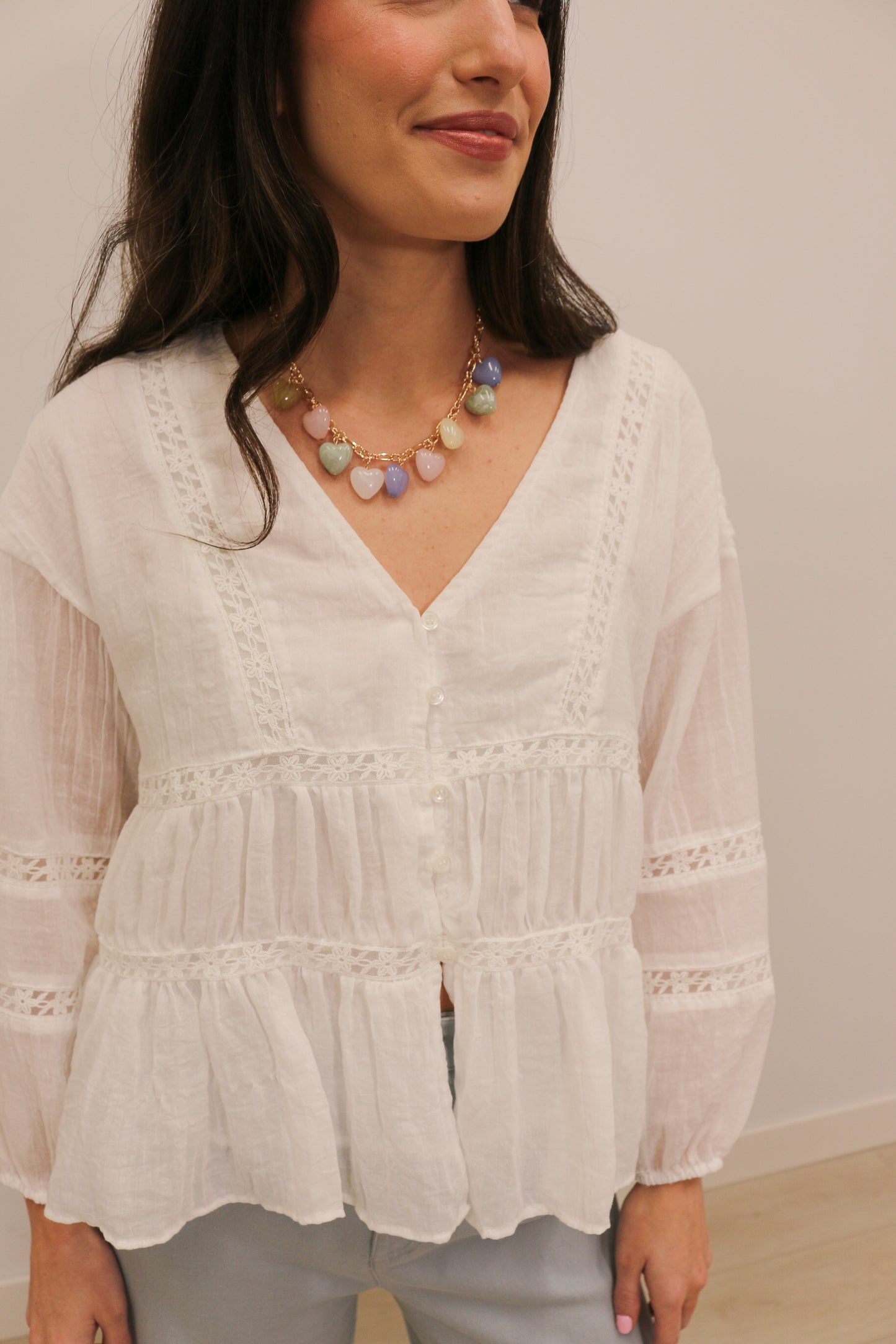 Emma Relaxed Gauze Lace Button Front Long Sleeve Blouse - White